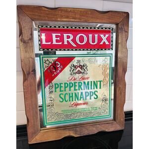 Vintage LEROUX PEPPERMINT SCHNAPPS 100 PROOF LIQUEUR Bar Mirror Sign Wood Frame